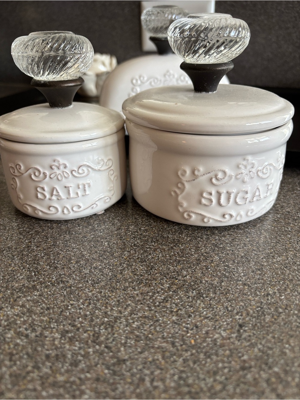 Pier 1 Cream Ceramic Salt and Sugar Jars with Glass Knob Lids